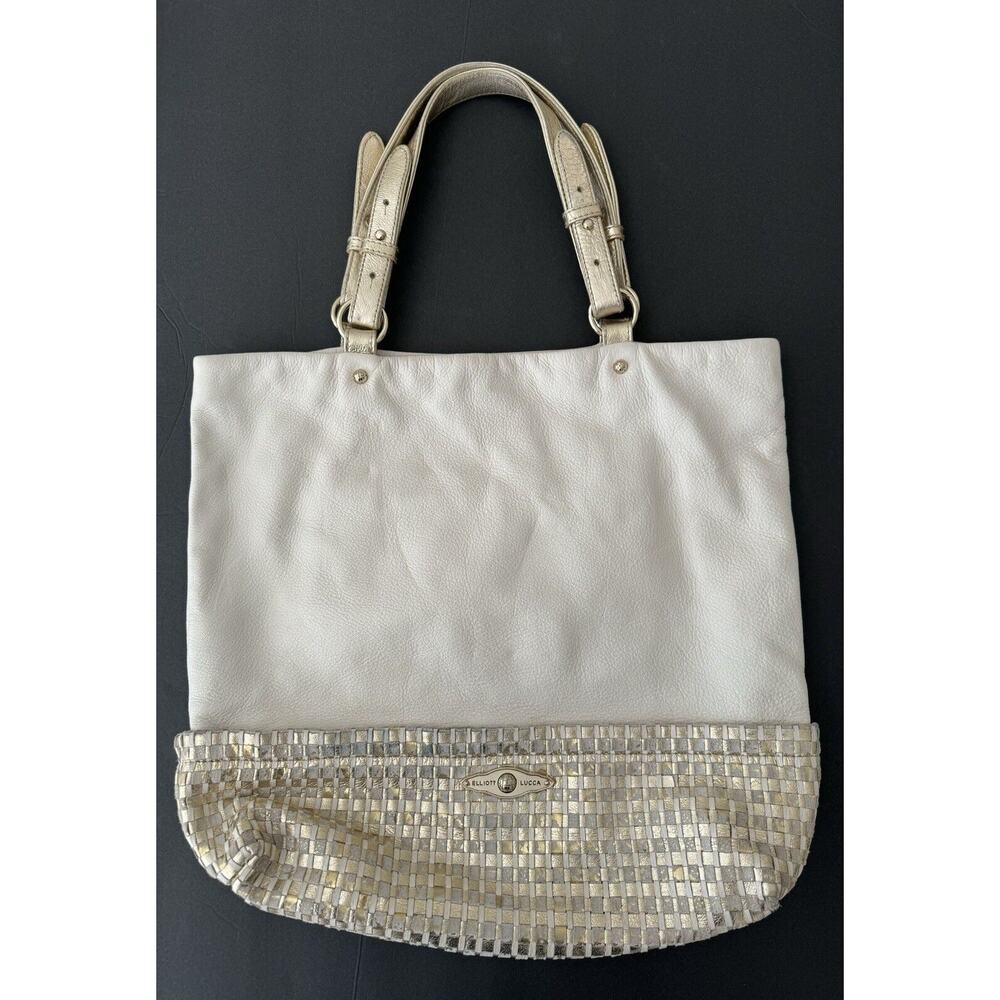 Elliott Lucca Cartagena Tote Shoulder Bag Ivory Leather Woven Metallic Gold Big